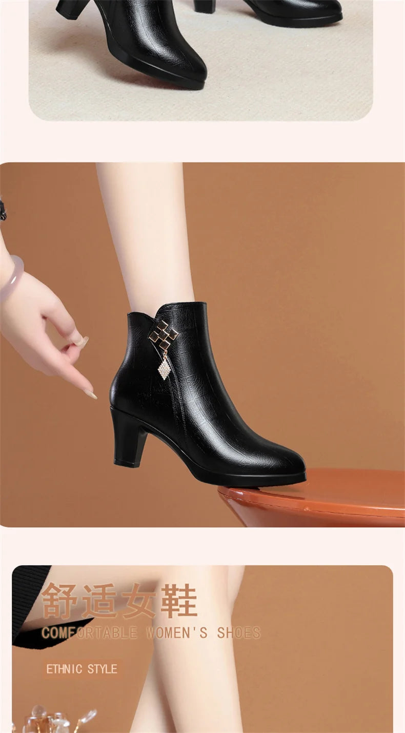 Women High Heels Soft Leather Ankle Boots Autumn Winter Platform Plush Boots Brand Fashion Point Toe Middle Heel Cotton Shoes