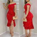 Women's Party Dress Sexy Off Shoulder Split Ruffle Solid Bodycon Knee-length Dress Fashion Glitter Party Elegant Dresses Vestido