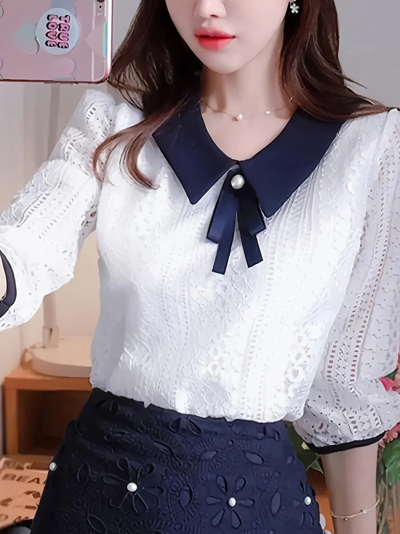 Women's Spring Autumn Style Lace Blouses Shirt Women Peter Pan Collar Solid Color Half Sleeve Elegant Lace Tops SP8676