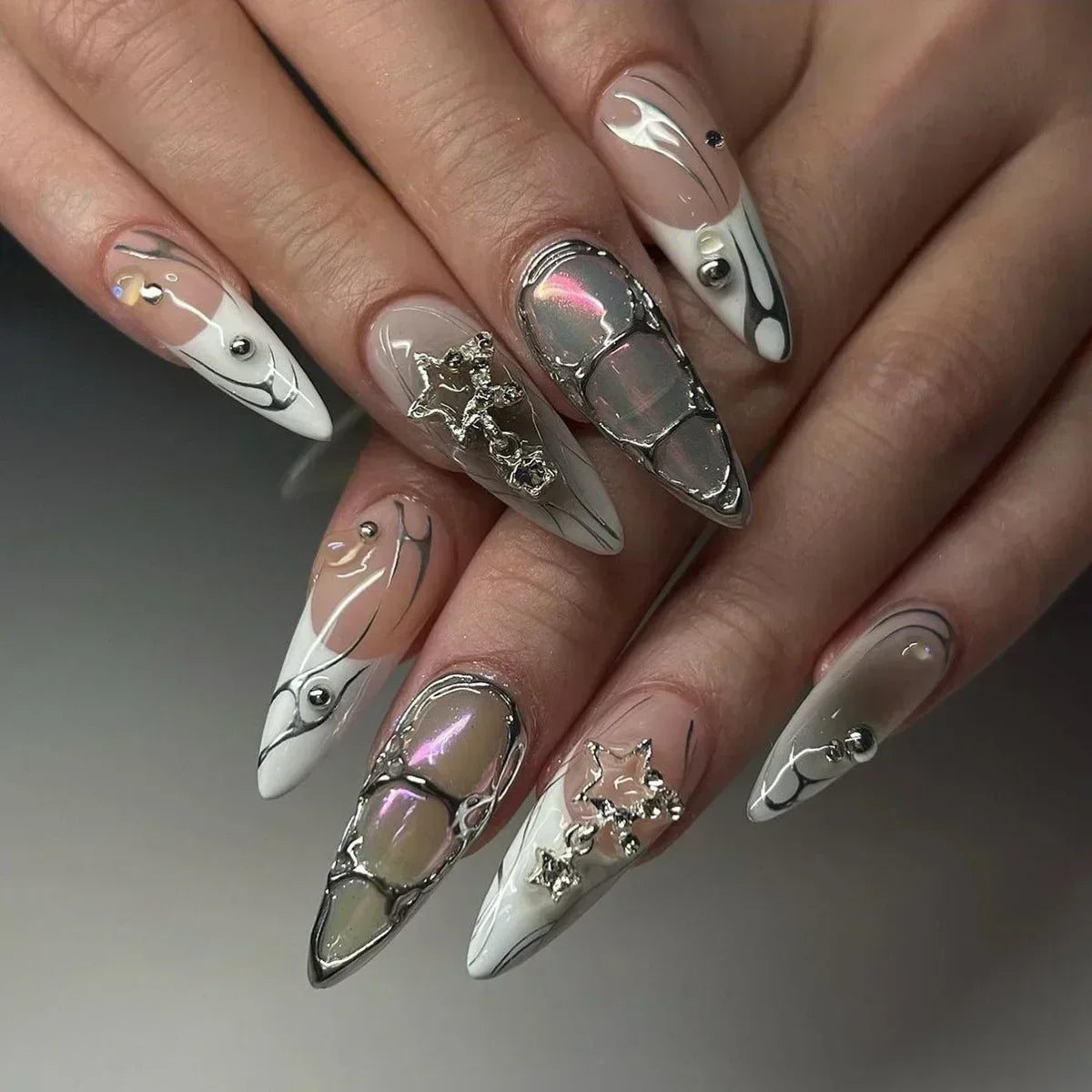 24Pcs Y2k Almond Acrylic Nails Full Cover 3D Diamond Black Nail Art Sweet Cool French Wearable Fake Nail Manicure Tips for Girls