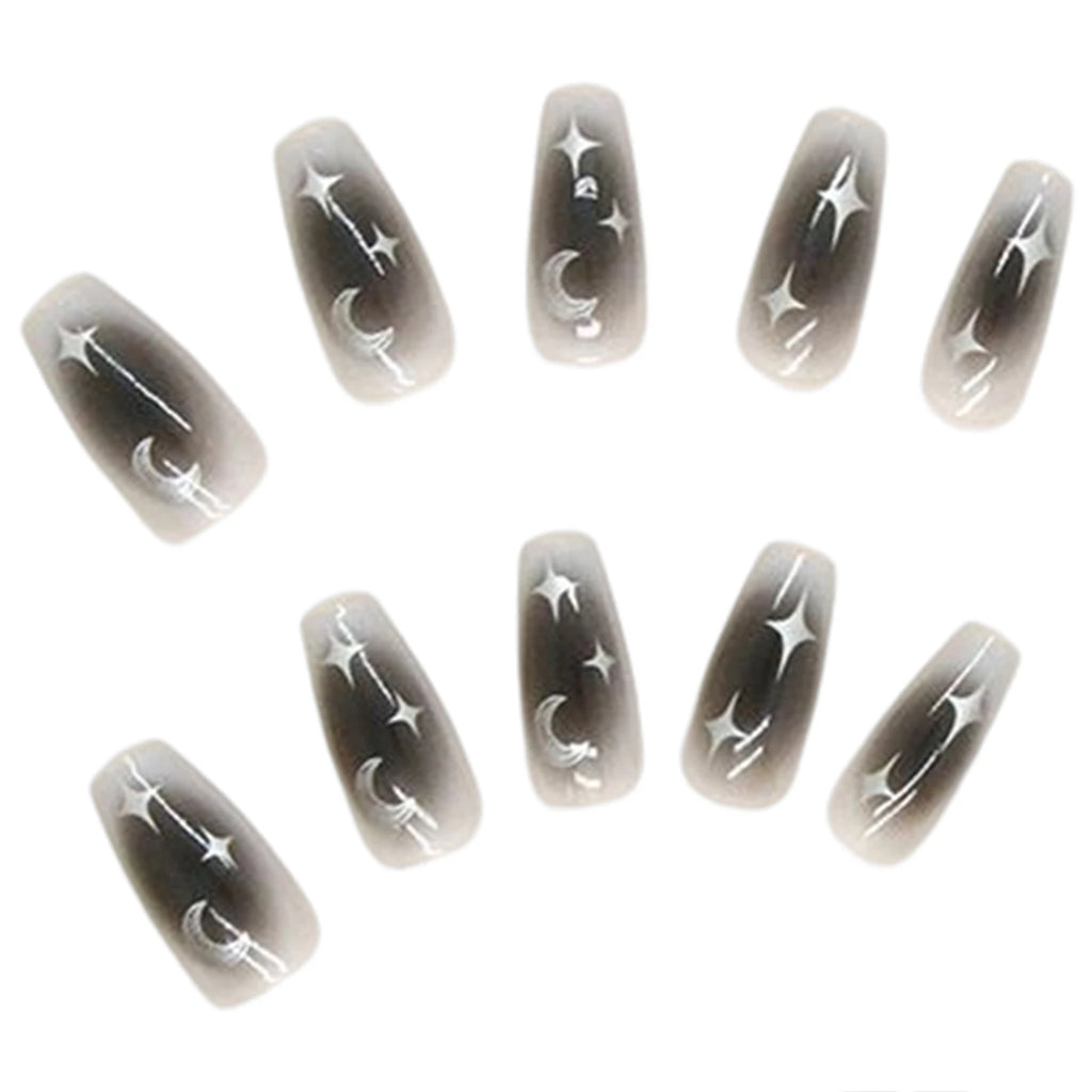 24pcs Y2k Star Press On Nails Gradient Black Mid-length Coffin False Nail Tips Full Cover Moon Designs Fake Nail For Cool Girls