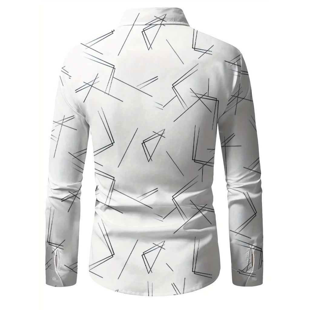 Men's Trendy Geometric 3D Line Print Long-Sleeved Shirt Men's Button up Shirt Casual Fashion Male White Shirt Lapel Shirt Tops