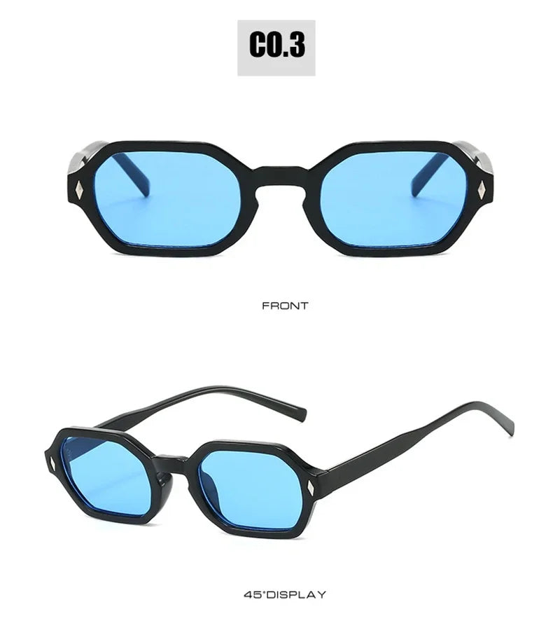 JNPCXI New Retro Small Polygon Rectangle Sunglasses Women Shades UV400 Fashion Blue Gradient Lens Men Retro Rivets Frame