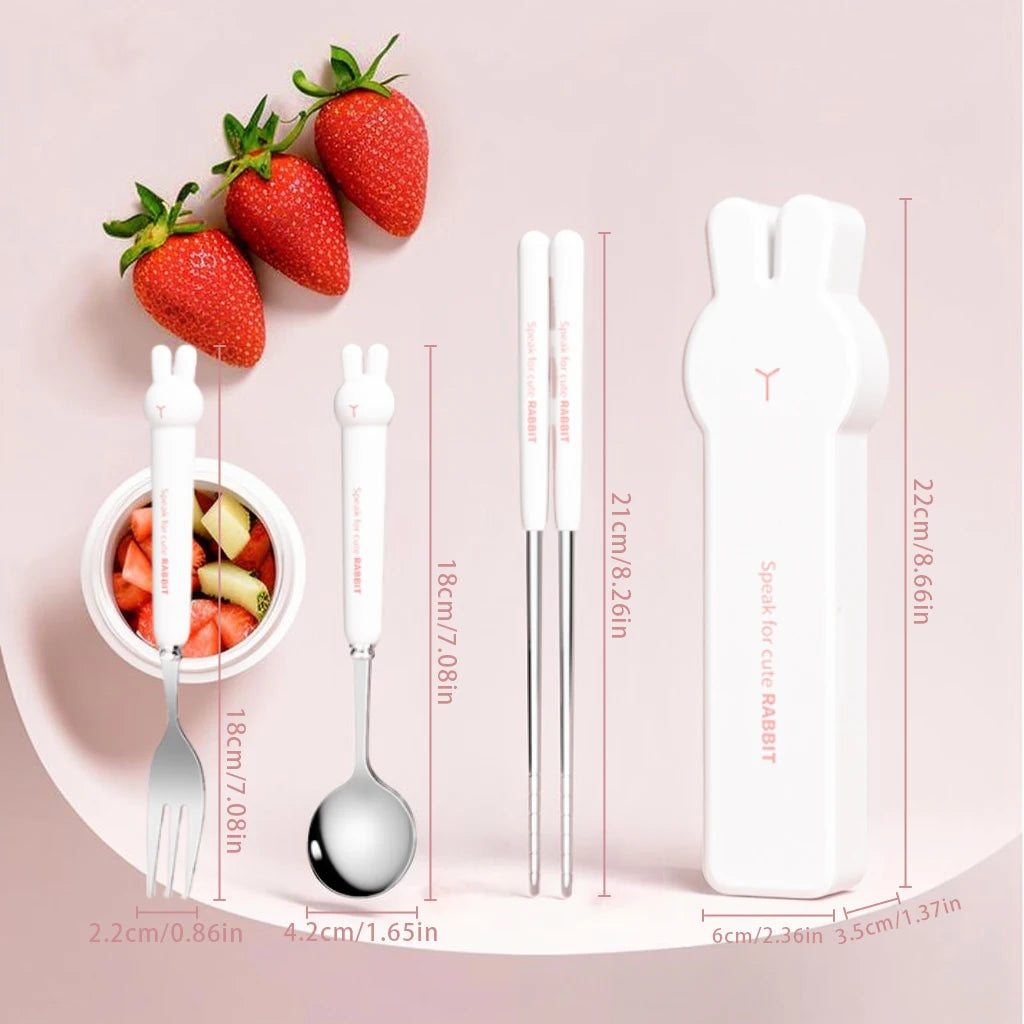 3/4PCS Cute Portable Dinnerware Set Reusable 304 Stainless Steel Fork Spoon Chopsticks With Box Cutlery For Kid Student