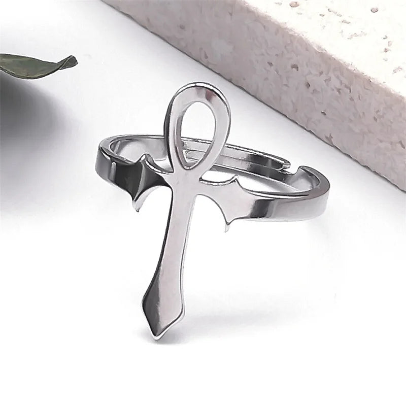 Egyptian Ankh Cross Ring Stainless Steel Anubis Life Symbol Adjustable Egypt Trend Finger Ring Party Jewelry Gift for Women Men