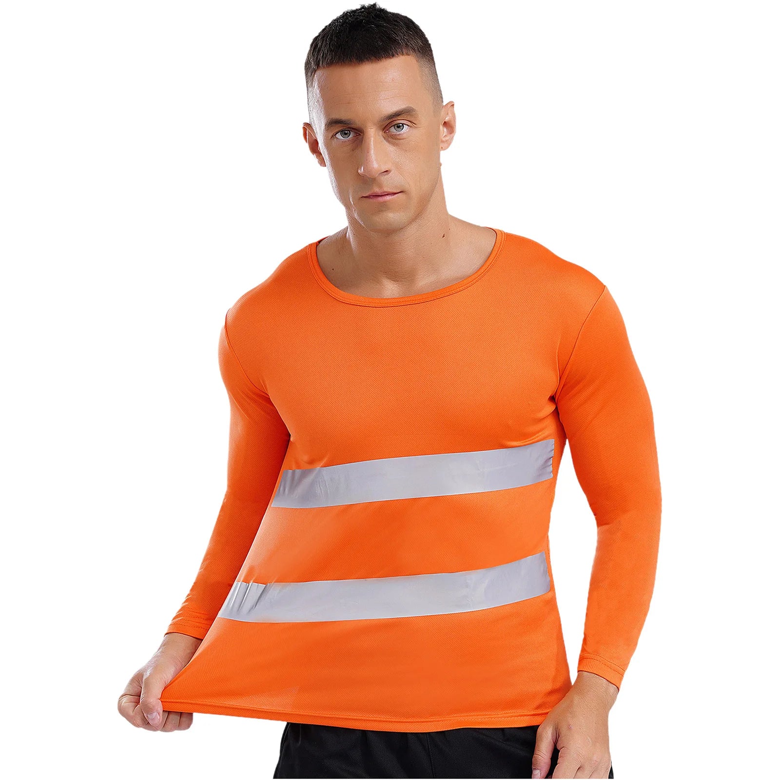 Mens T-shirt Moisture-Wicking Long Sleeves Reflective Safety Top for Volunteer Activities Social Service Cycling Workout Running
