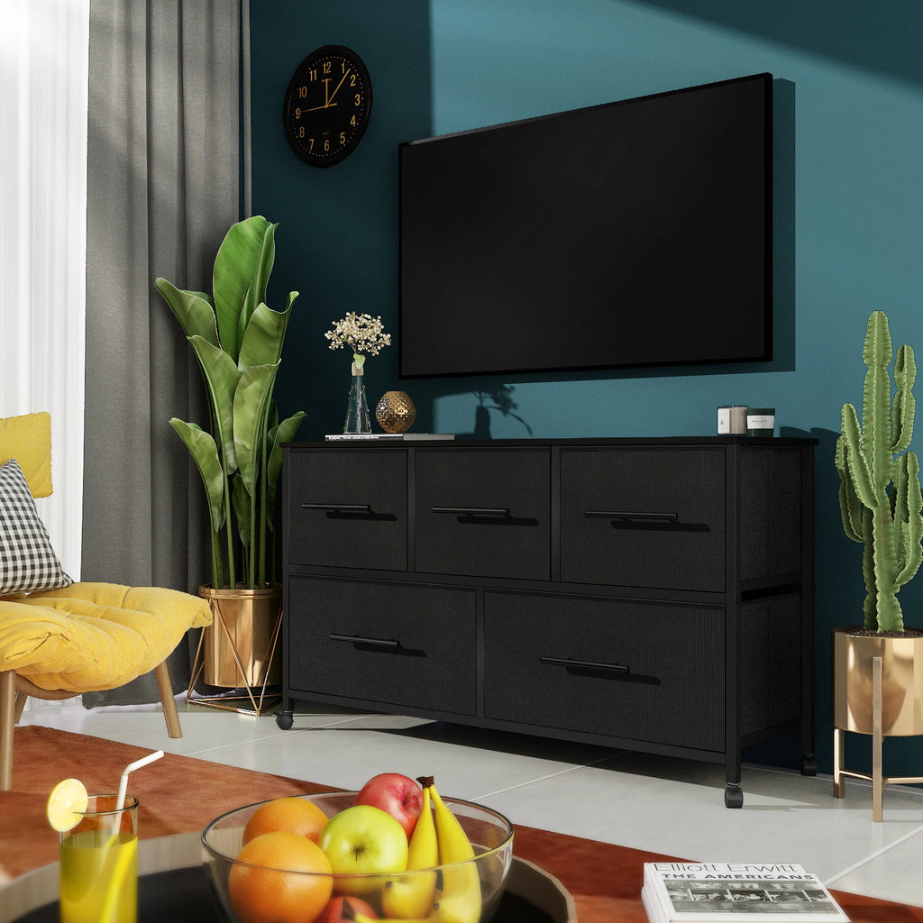 Chest of Drawer Dresser for Bedroom with 5 Fabric Drawers TV Stand with 4 Castors Storage Organizer Unit for Living Room