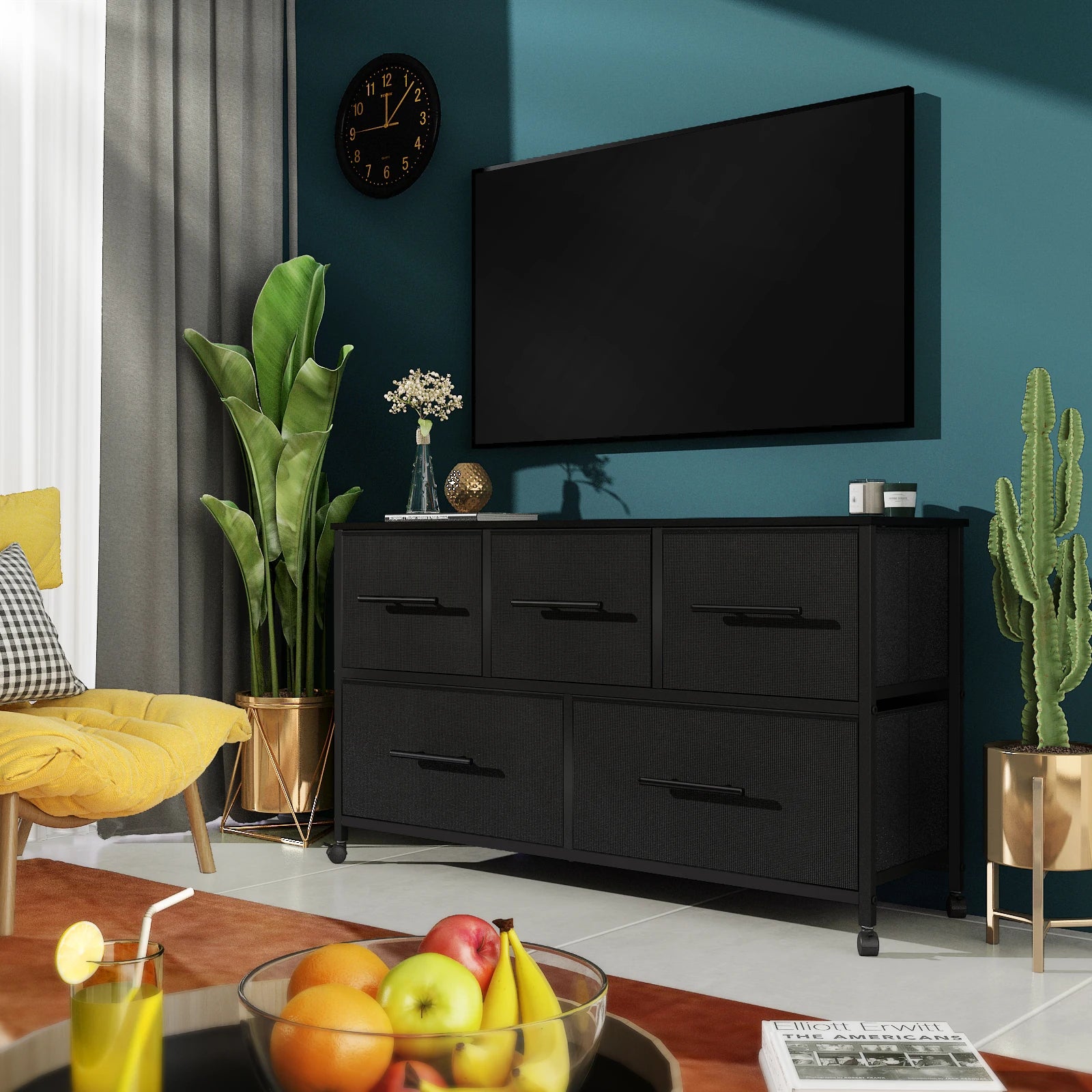 Chest of Drawer Dresser for Bedroom with 5 Fabric Drawers TV Stand with 4 Castors Storage Organizer Unit for Living Room