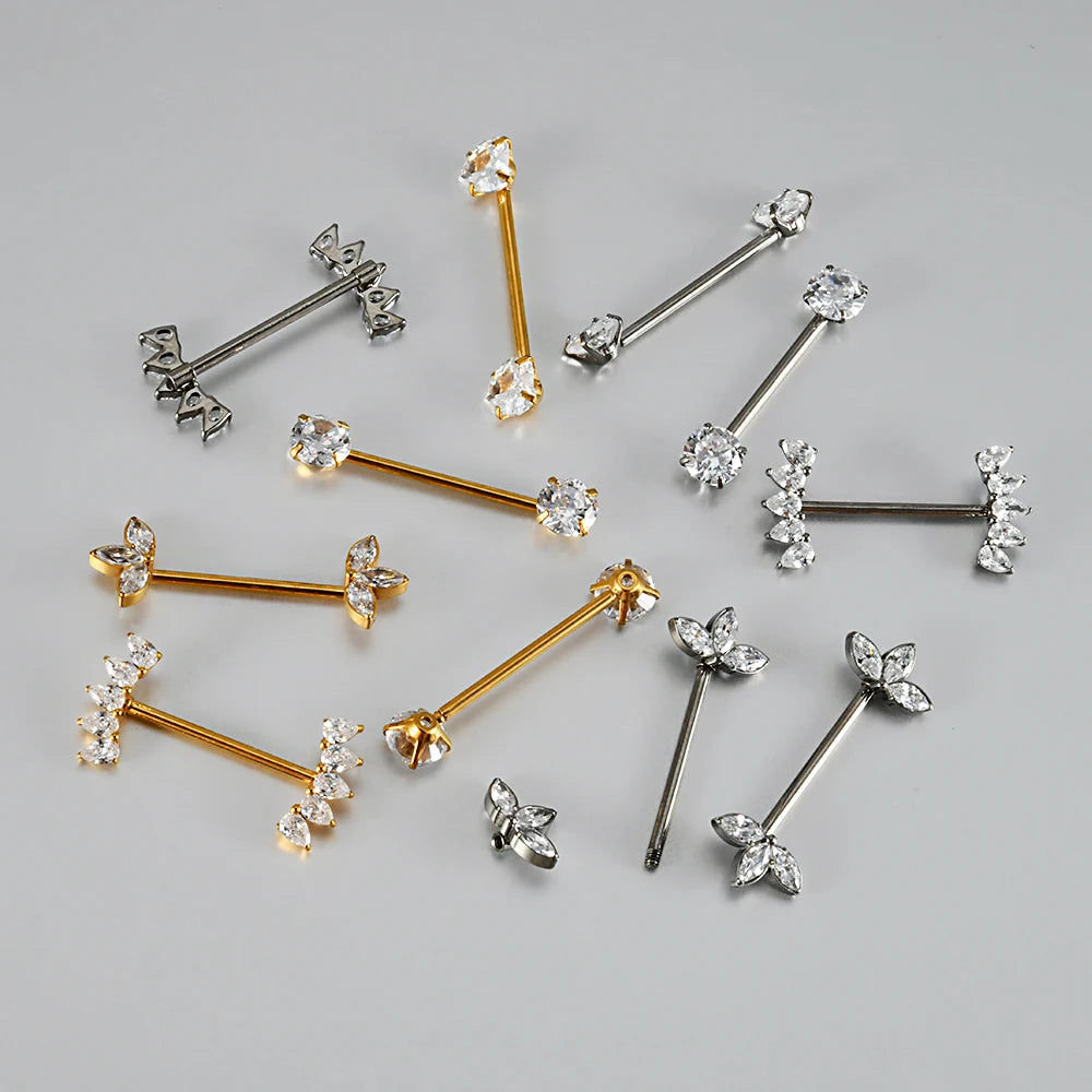 1/2PCS Heart Nipple Piercing Titanium CZ Crystal Sexy Leaf Nipple Shield Ring Nails Barbell Body Pierced Jewelry Chest Decor 16G