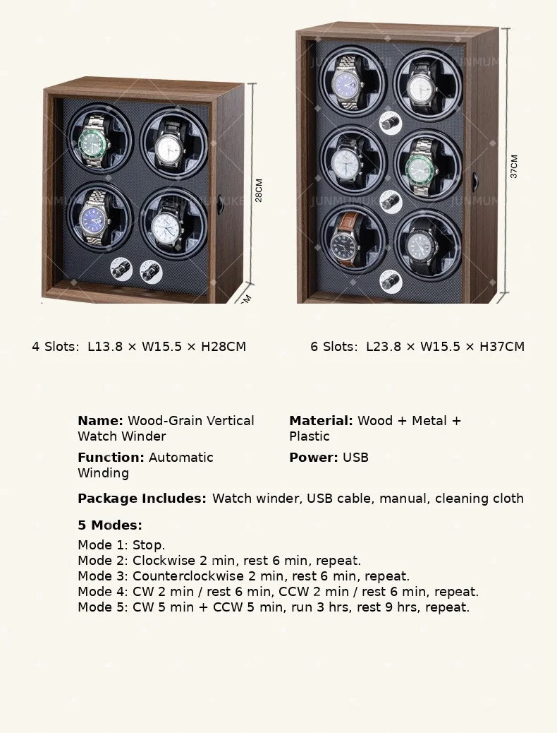 Watch Winders for Automatic Watches witn Light 1slots/2slots/4slots/6slots Watches Rotate Stand 5V-9V,1A-2A USB Cable Connection