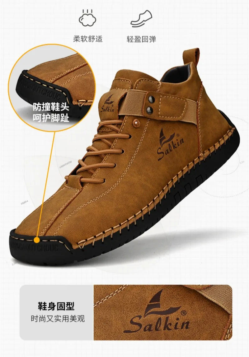 Winter New Men's Low-top Ankle Boots High Quality Hand-stitched Hook&loop Leather Casual Sneakers Classic Man Shoes Plus Size 48