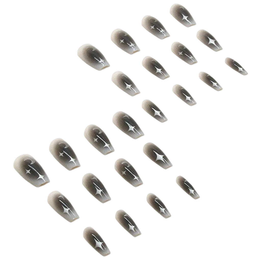 24pcs Y2k Star Press On Nails Gradient Black Mid-length Coffin False Nail Tips Full Cover Moon Designs Fake Nail For Cool Girls