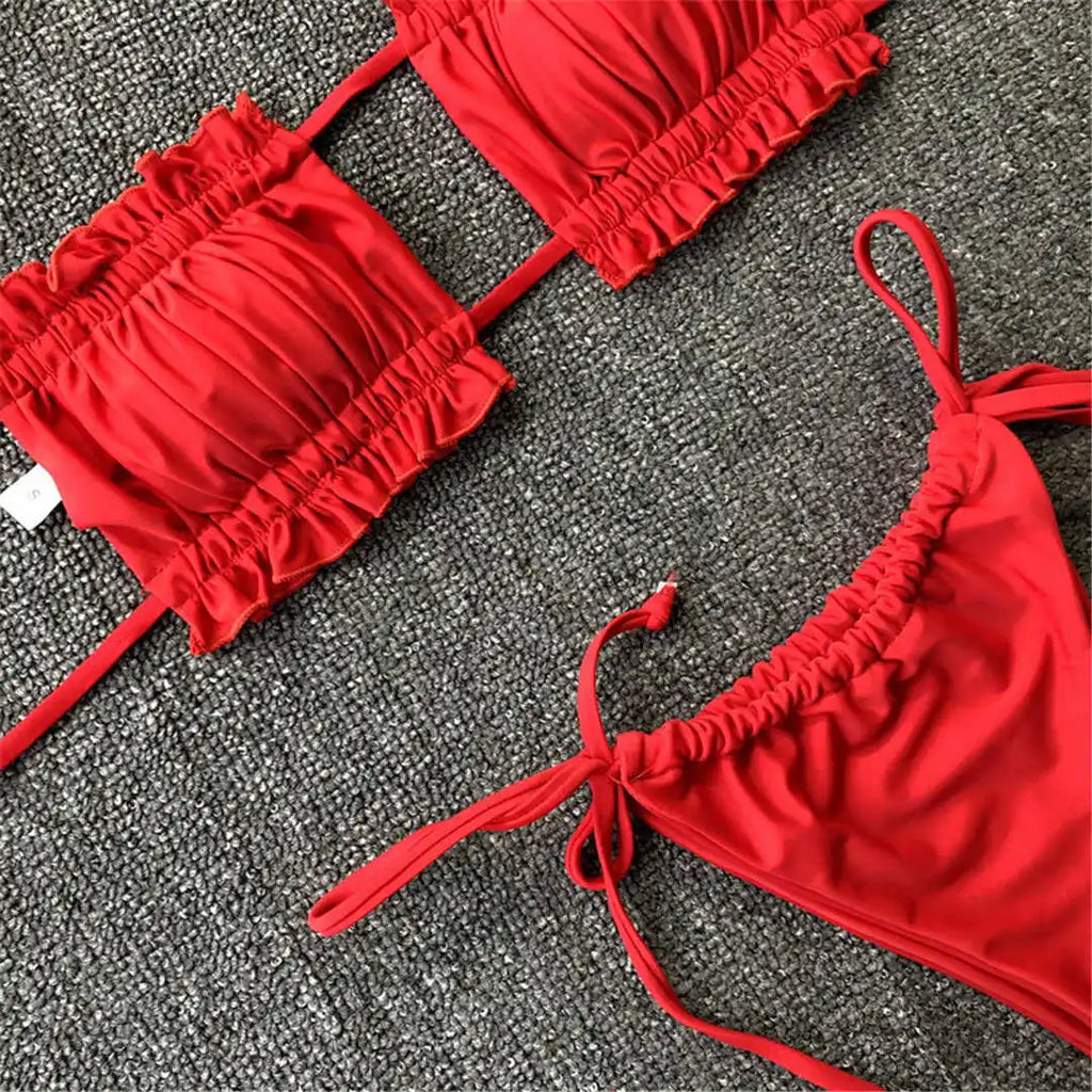Sexy Leopard Bandeau Brazilian Bikini Swimsuit Female Swimwear Women Two-pieces Bikini set Pleated Bather Bathing Suit V1242L