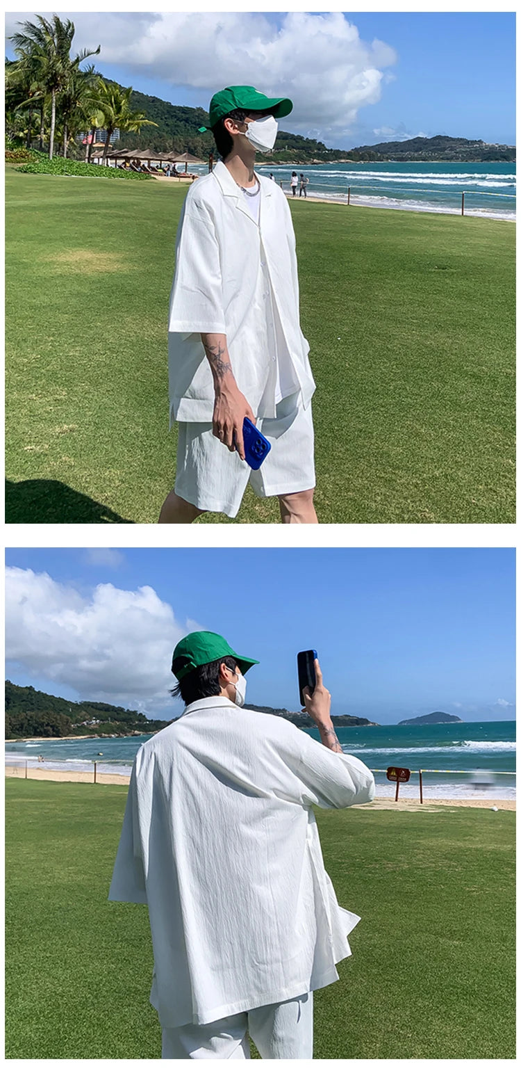 Summer Two-Piece Men's Sets Shirt and Shorts Casual Outfits Oversized Short Suit Plain Clothes Clean Fit Black White Green