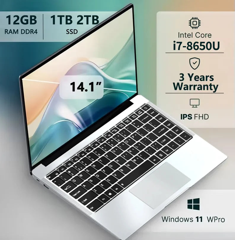 2026 Portable  Windows 11 Pro Laptops Intel Core i7 8650U 16GB RAM 1TB SSD Office Gamer Study notebook Computer PC
