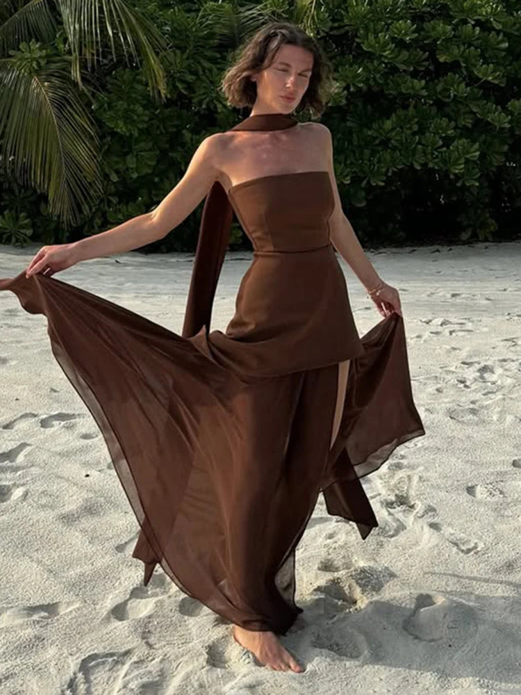 2025 New Strapless Dress With Ribbon Women's Elegant Sleeveless Mesh Beach Vacation Long Dress Spring Fashion Lady Dress