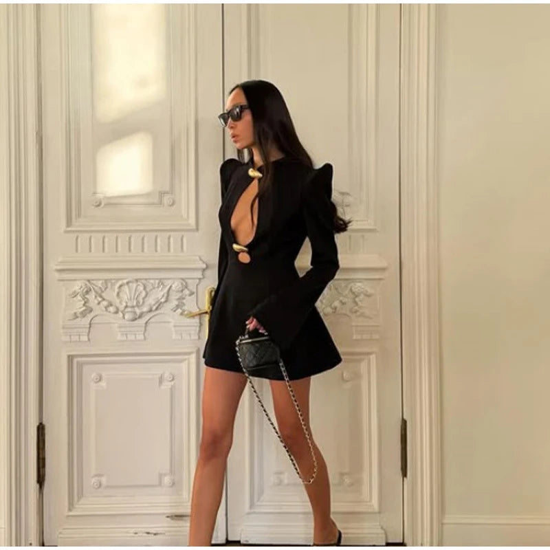 Black Hollow Out Mini A-line Dress Women Sexy Round Neck Full Sleeve Waist Cinching Short Dresses 2025 Lady Chic Party Club Robe