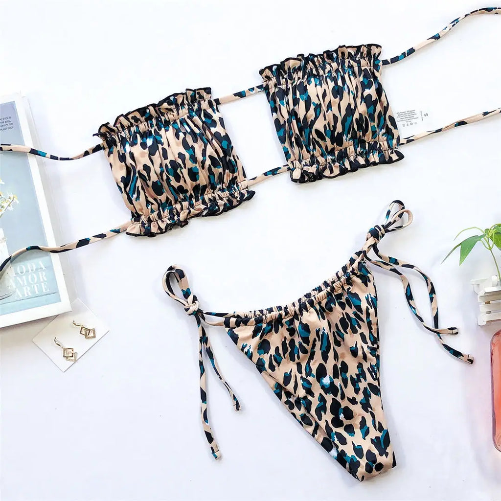 Sexy Leopard Bandeau Brazilian Bikini Swimsuit Female Swimwear Women Two-pieces Bikini set Pleated Bather Bathing Suit V1242L