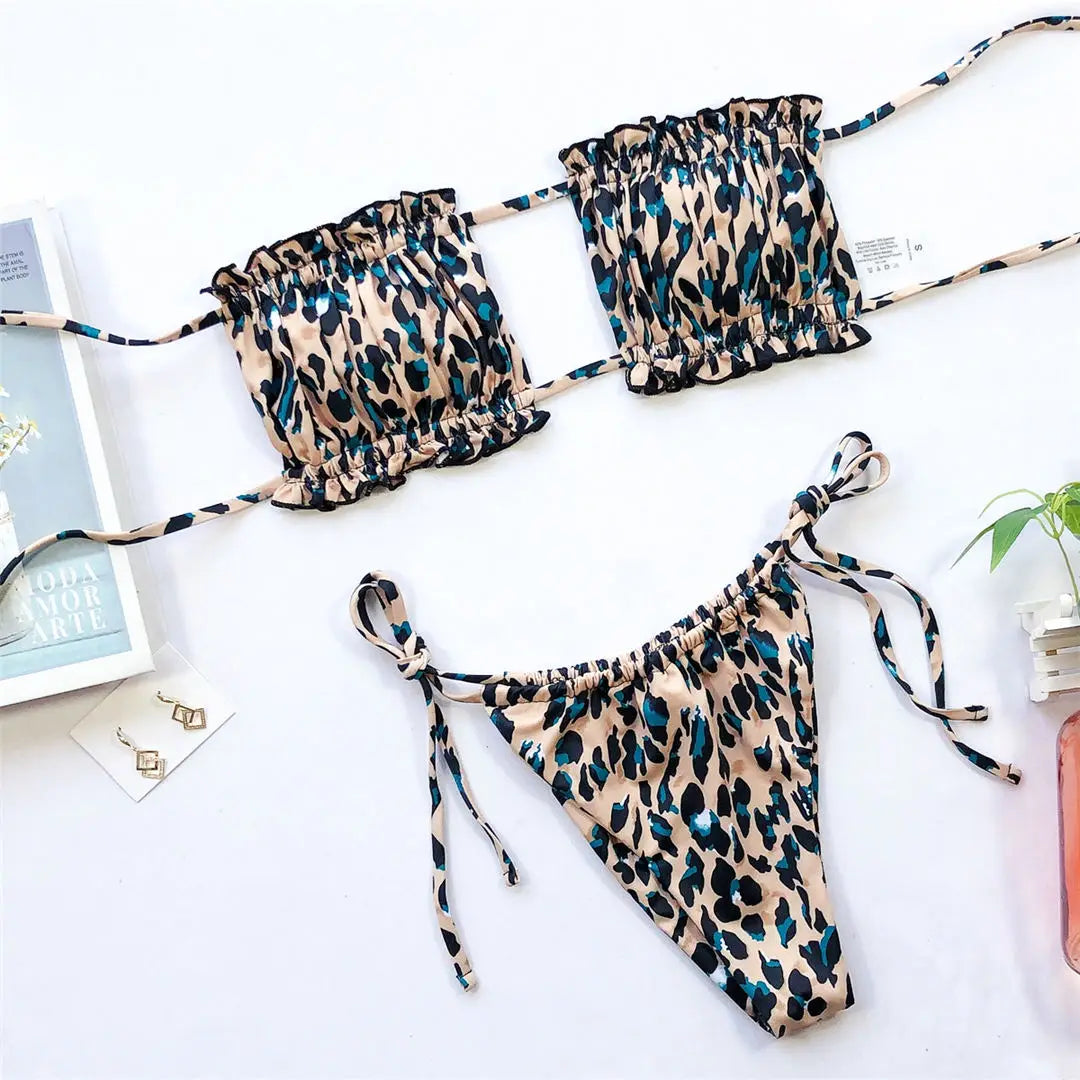 Sexy Leopard Bandeau Brazilian Bikini Swimsuit Female Swimwear Women Two-pieces Bikini set Pleated Bather Bathing Suit V1242L