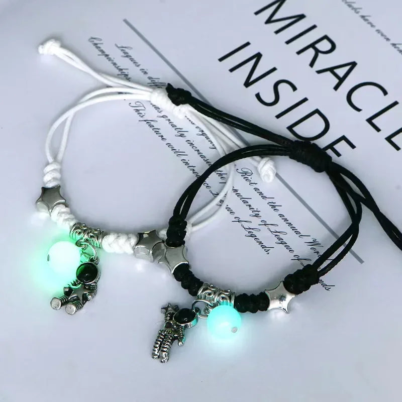 Fashion Luminous Beads Star Couple Bracelet for Women Men Charm Cat Flower Heart Key Lock Cross Matching Friend Bracelet Jewelry