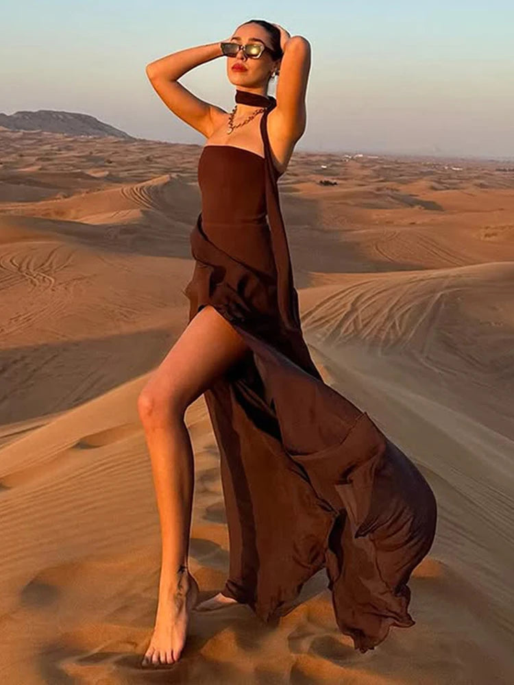 2025 New Strapless Dress With Ribbon Women's Elegant Sleeveless Mesh Beach Vacation Long Dress Spring Fashion Lady Dress