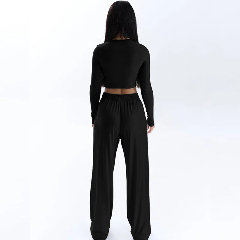 Spring New Women's T-shirt Loose Pants 2 Piece Long Sleeves O-Neck Tees Casual Slim Fashion Trouser Solid Basic Female Clothing
