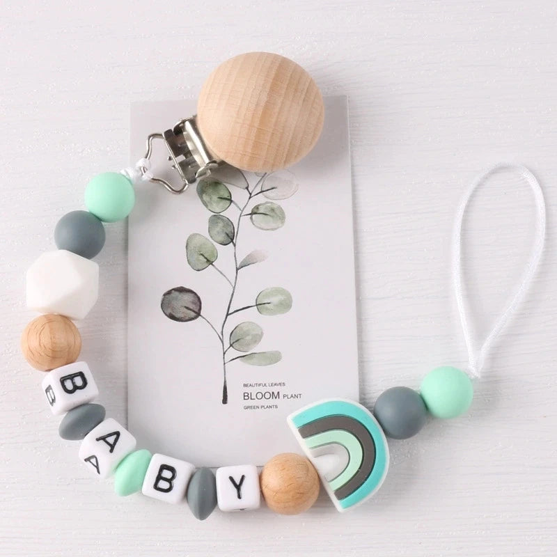 Beech Wood Clip Silicone Pacifier Chain – Baby Soother Holder & Teething Toy