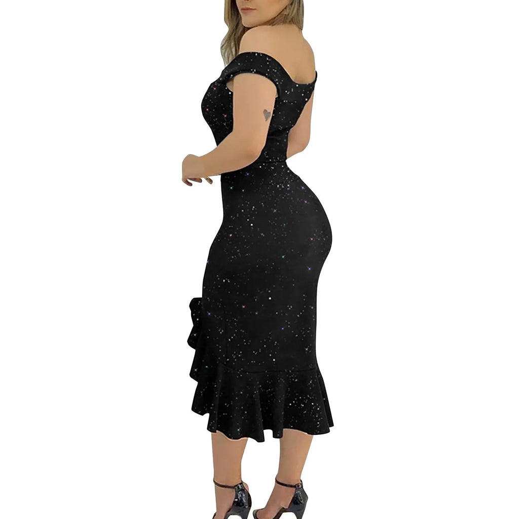 Women's Party Dress Sexy Off Shoulder Split Ruffle Solid Bodycon Knee-length Dress Fashion Glitter Party Elegant Dresses Vestido