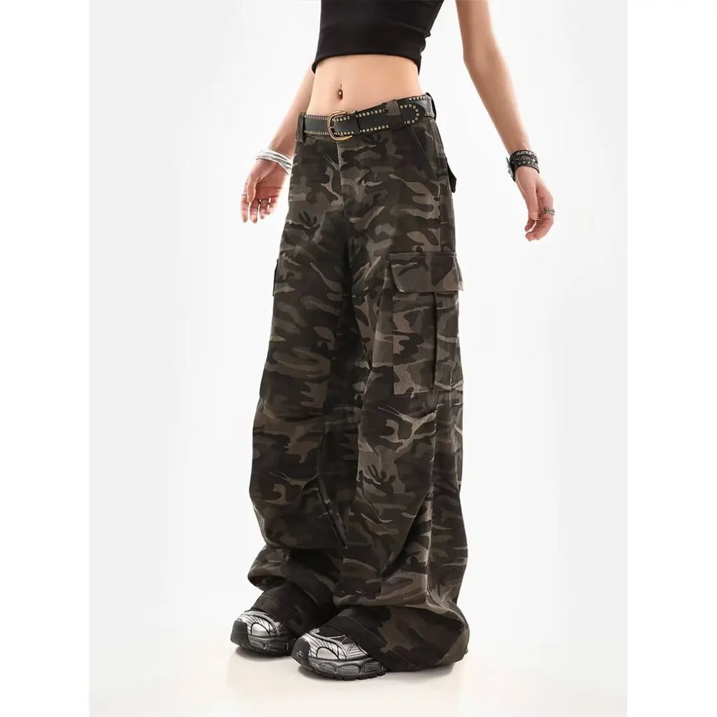 American Retro High Street Casual Overalls Camouflage Loose Wide Leg Pants For Women Y2k Hip-hop Cargo Grunge Baggy Trousers