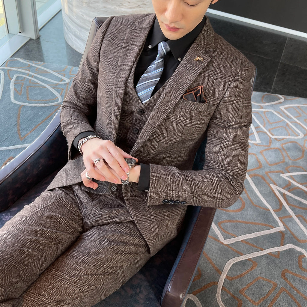 British Korean Style High Quality Modified Plaid Three-Piece Suit for Men - Stylish Business Casual Suit Vest And Trousers Set