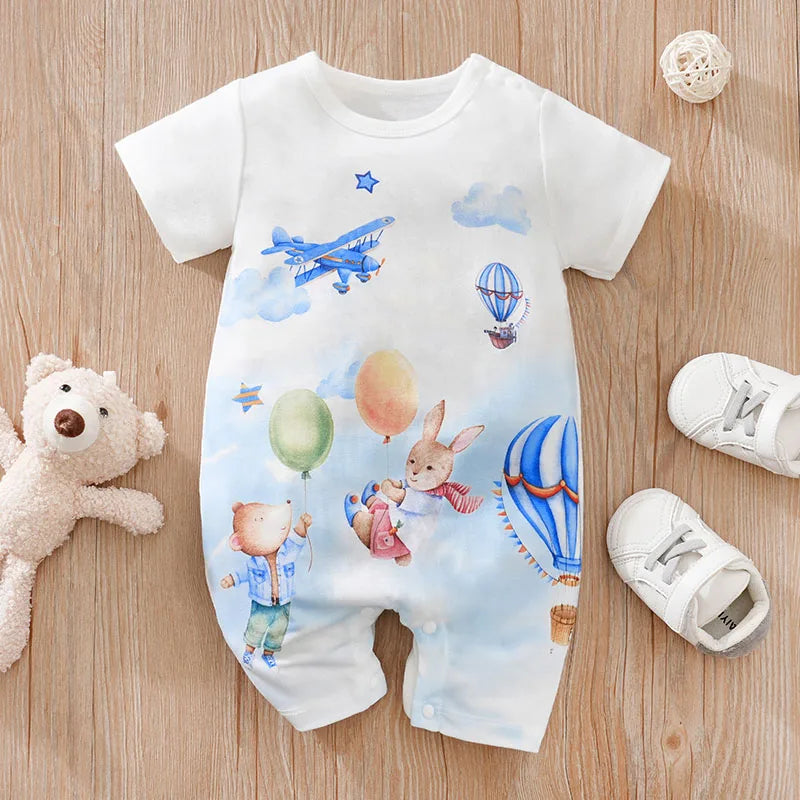 Baby Summer Animal Print Bodysuit – Short Sleeve Cute Cartoon Onesie for Boys & Girls