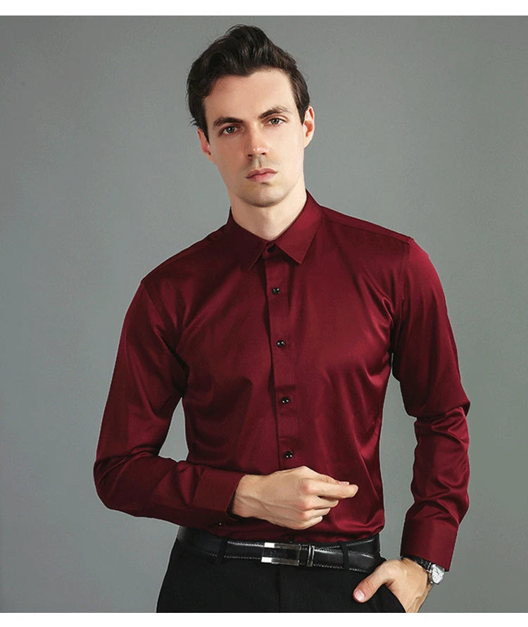 Plus Size 7XL 6XL High Elasticity Seamless Spandex Shirt Men Long Sleeve Slim Fit Casual Solid Color Social Formal Dress Shirts