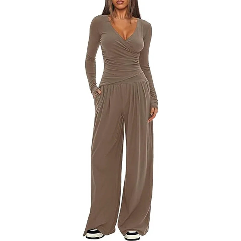 2025 autumn and winter wide leg pants set, women's long sleeved multi occasion sportswear, commuting hot selling item