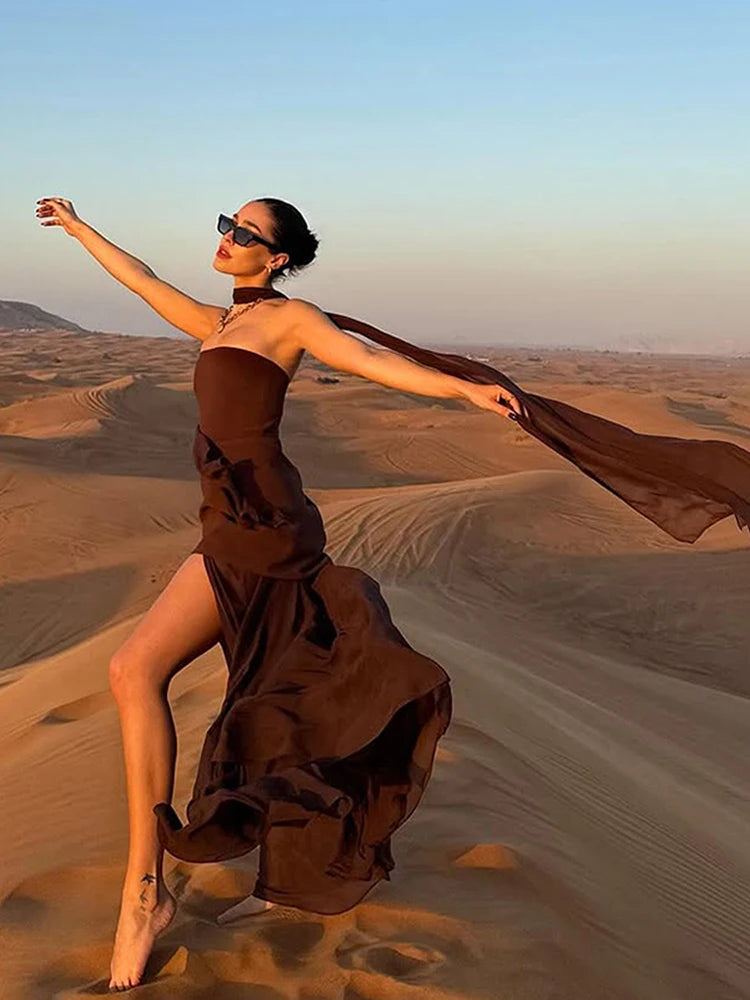 2025 New Strapless Dress With Ribbon Women's Elegant Sleeveless Mesh Beach Vacation Long Dress Spring Fashion Lady Dress