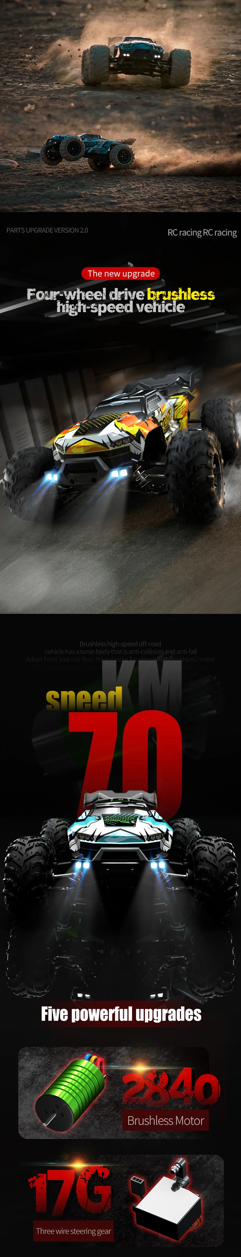 SCY 1:16 4WD RC Car 70KM/H Or 50KM/H With LED Light 2.4G Remote Control Cars High Speed Drift Monster 4x4 Truck for Children Gif