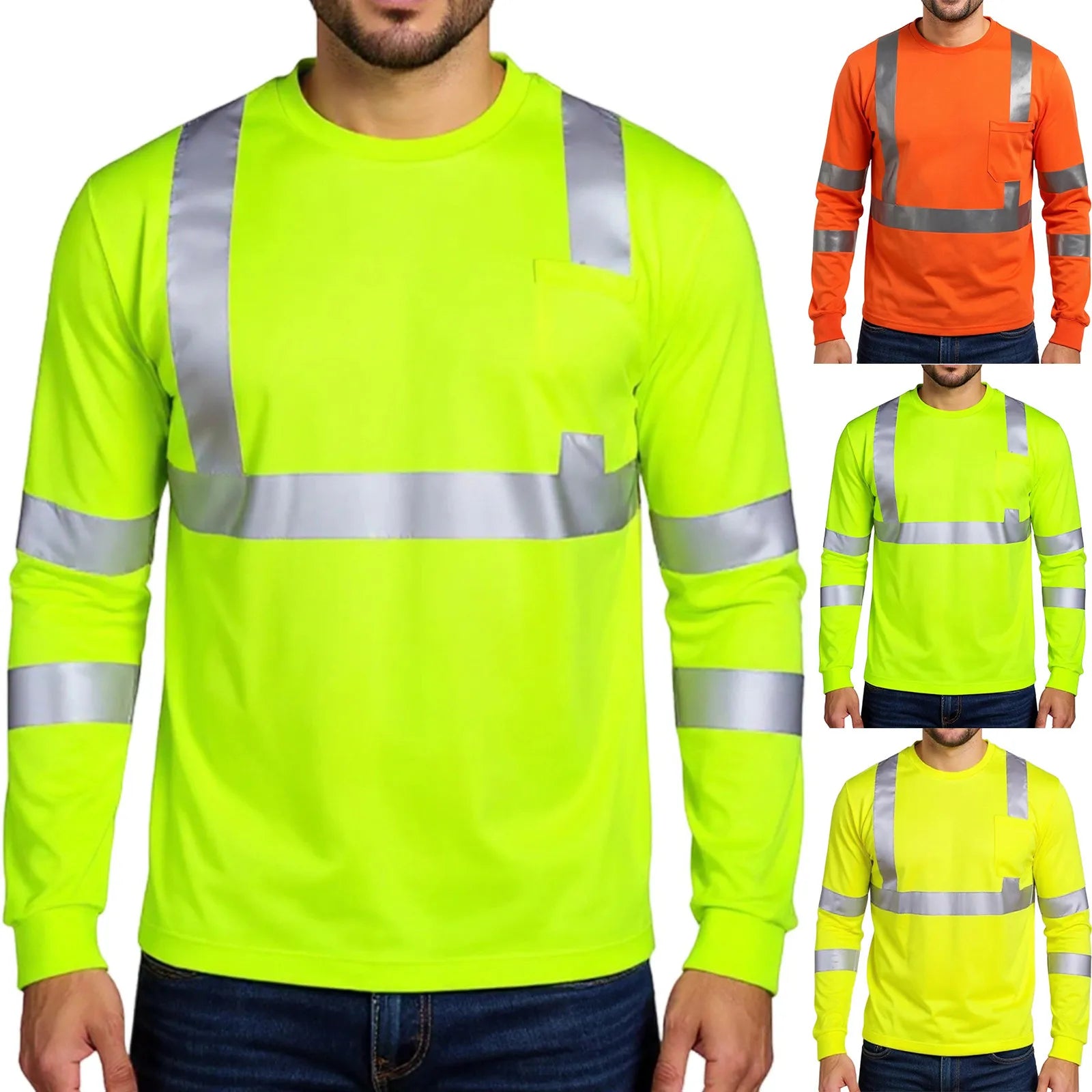 High Visibility Long Sleeve Round Neck T-shirt Reflective Workwear For Engineering Wharf Moisture Wicking Casual Men Top