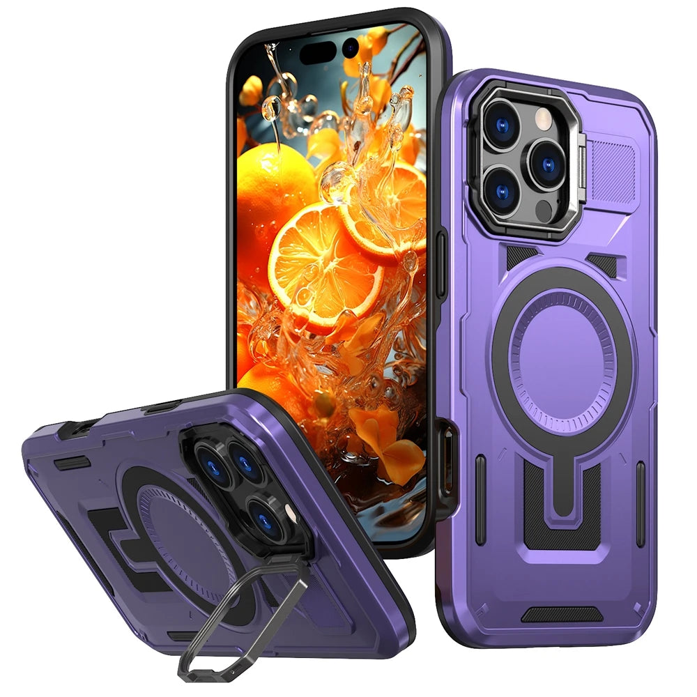 Luxurious Armor Case for iPhone 17 air 16 e 15 14 13 12 11 Pro Max Plus Magnetic Metal Stand Holder Kickstand Protective Hard Co