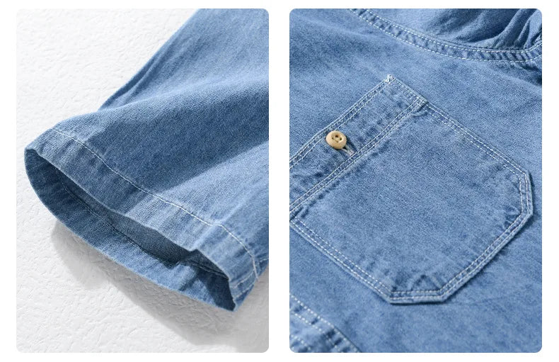 Summer New Casual Denim Short Sleeve Shirts Men Clothing Pure Cotton Slim and Thin Soft Streetwear FY9358