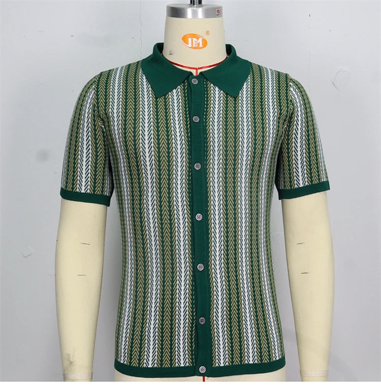 High End Jacquard Striped Polo Shirts For Men Short Sleeve Elastic Summer Quality Viscose Knitted Smart Casual Camisas De Hombre