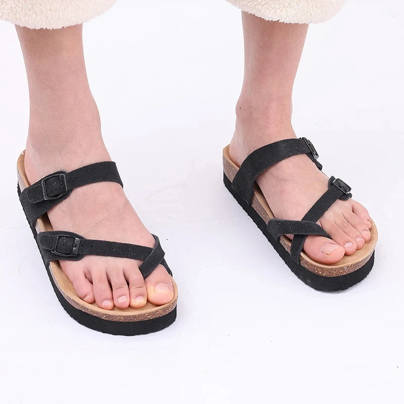 Litfun Women's Cork Footbed Sandals Classic Flat Sandals Fashion Thick Bottom Double Buckle Slides Beach Sandals With Adjustable