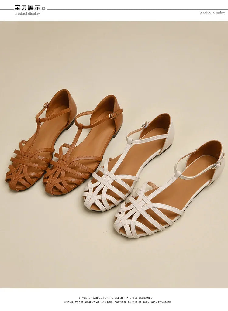Shoes Female Sandal 2025 Women's Girls Beige New Summer Comfort Low Retro Flat Back Strap Square heel Rubber PU Scandals