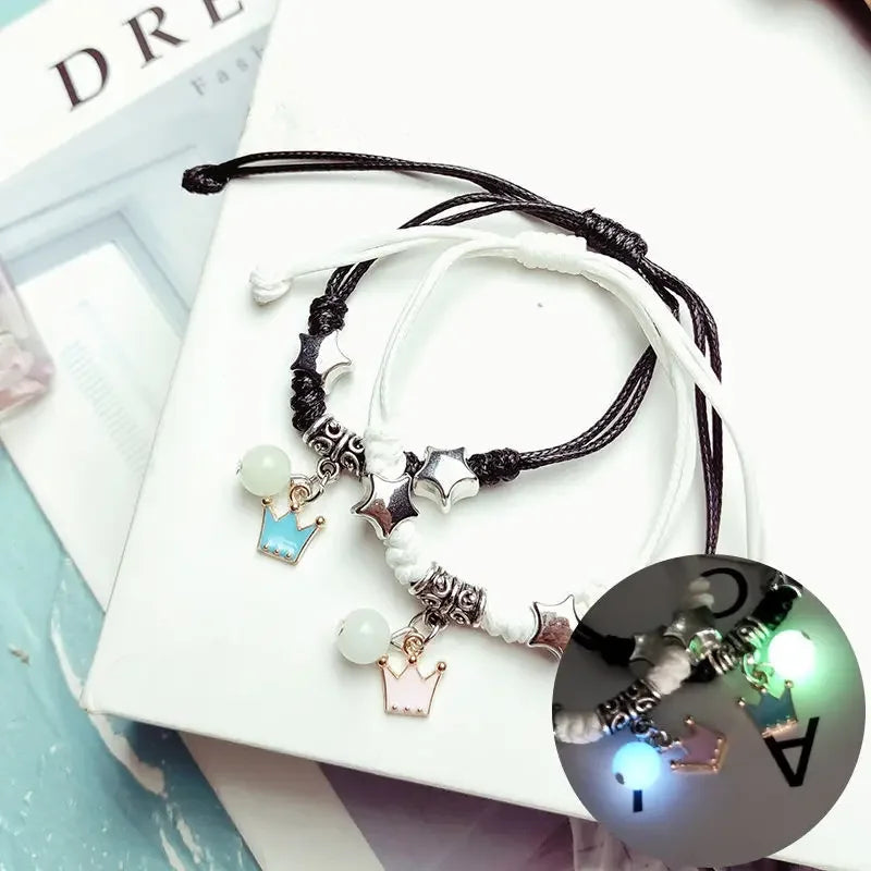 Fashion Luminous Beads Star Couple Bracelet for Women Men Charm Cat Flower Heart Key Lock Cross Matching Friend Bracelet Jewelry