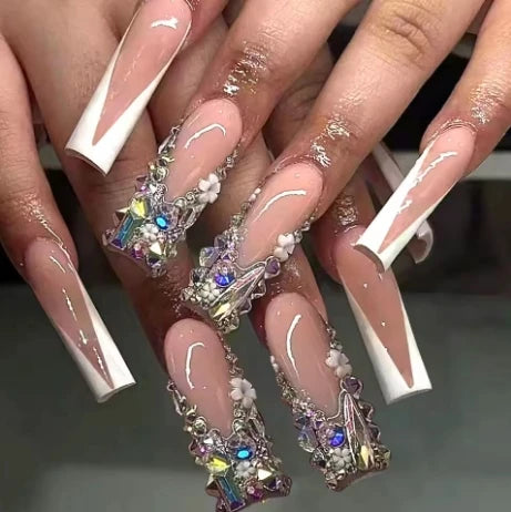 24Pcs Gold French Border False Nails Long Coffin False Nails with Rhinestones Ballerina Full Cover Nail Tips Press on Nails 2030