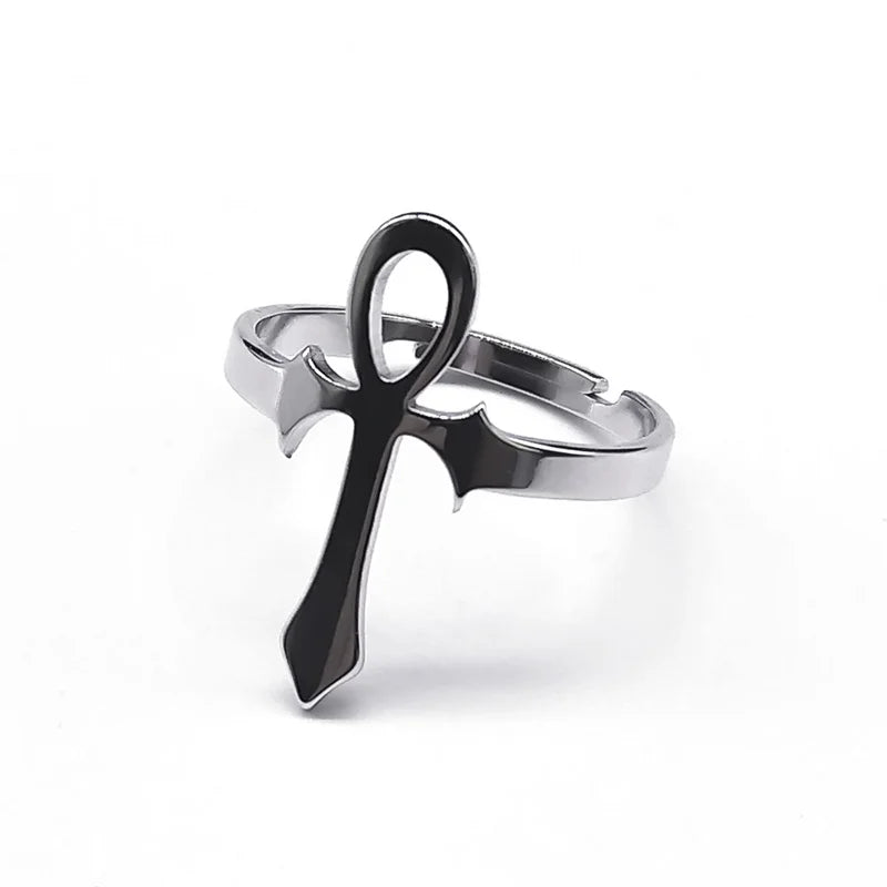 Egyptian Ankh Cross Ring Stainless Steel Anubis Life Symbol Adjustable Egypt Trend Finger Ring Party Jewelry Gift for Women Men