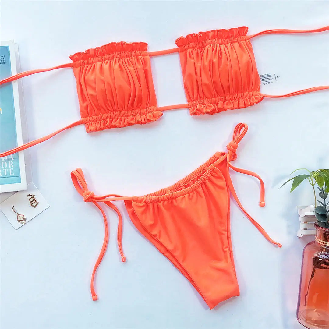 Sexy Leopard Bandeau Brazilian Bikini Swimsuit Female Swimwear Women Two-pieces Bikini set Pleated Bather Bathing Suit V1242L