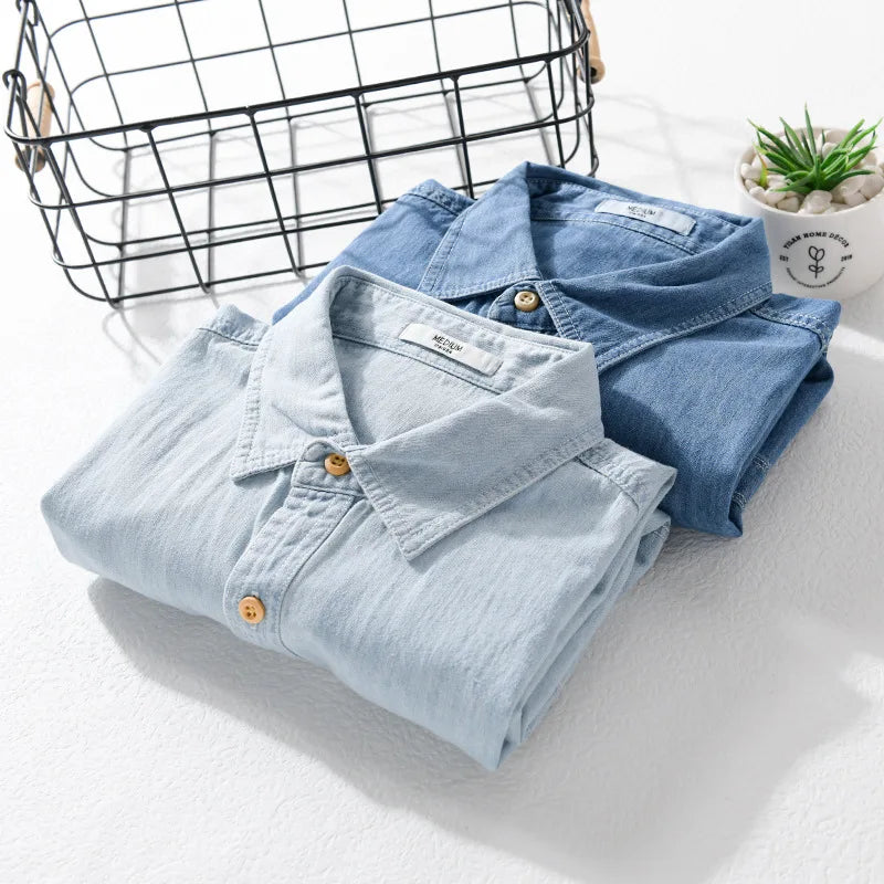 Summer New Casual Denim Short Sleeve Shirts Men Clothing Pure Cotton Slim and Thin Soft Streetwear FY9358