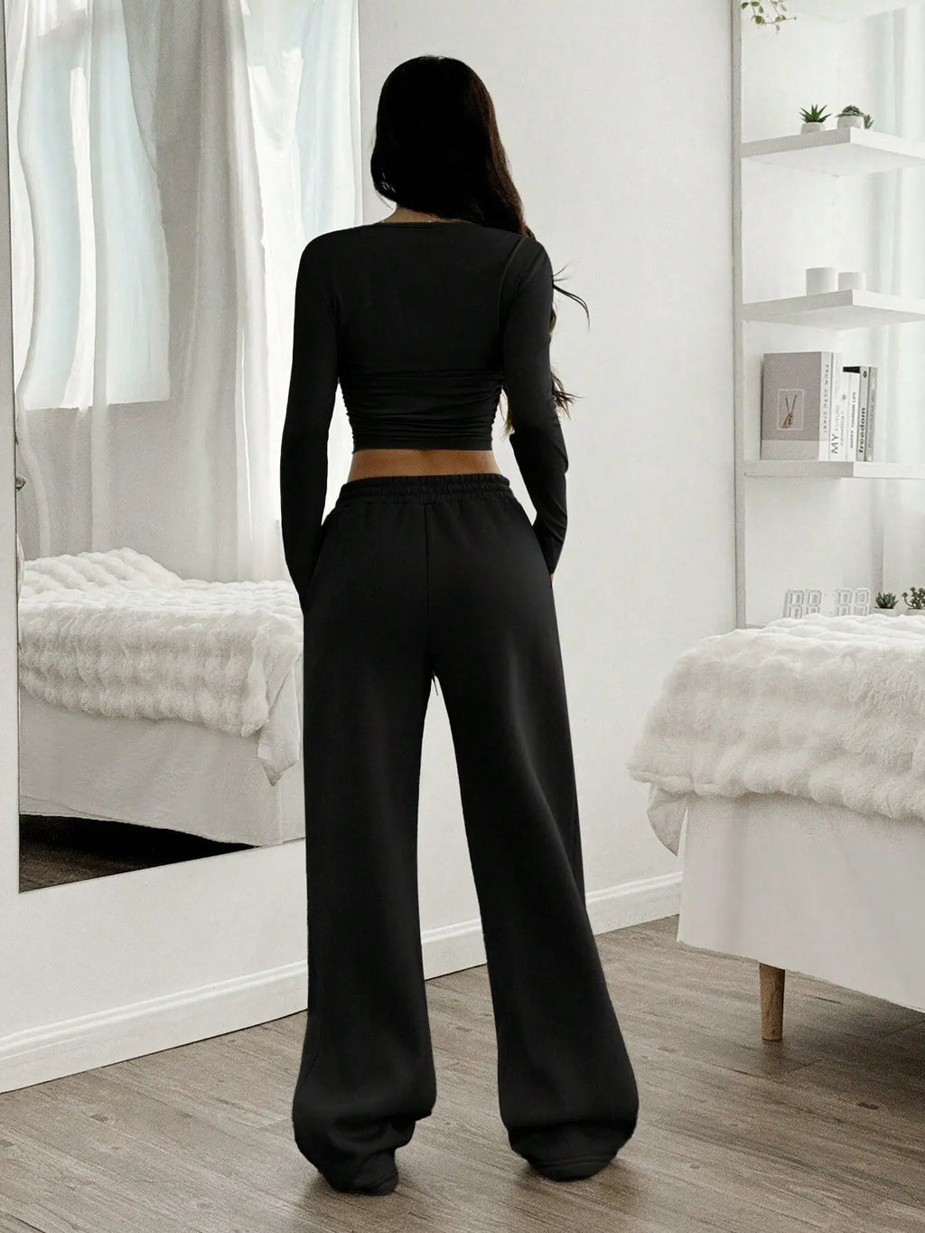 Women's Fashion Casual Wide Leg Pants Long Sleeve Crew Neck Solid Color Slim Two-piece Autumn and Winter Suit