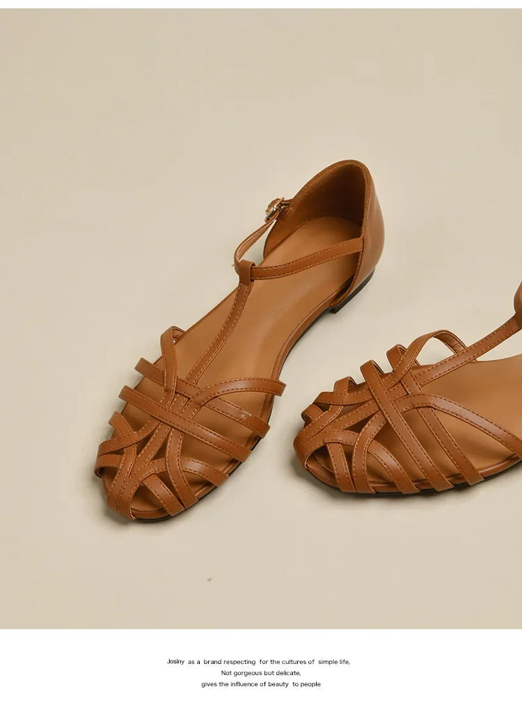Shoes Female Sandal 2025 Women's Girls Beige New Summer Comfort Low Retro Flat Back Strap Square heel Rubber PU Scandals