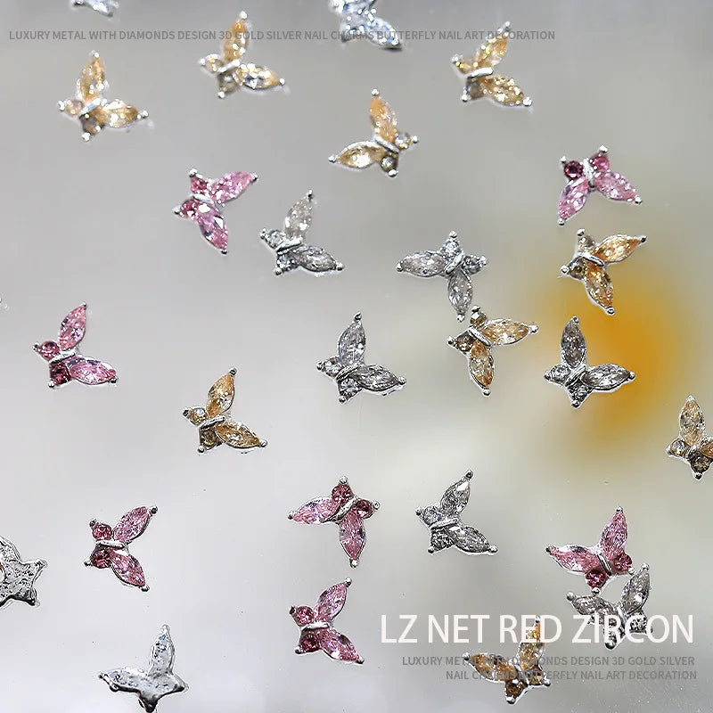 10PCS 3D Mini Crystal Butterfly Nail Art Charms Jewelry Parts Accessories Luxury Alloy Nails Decoration Rhinestones Supplies