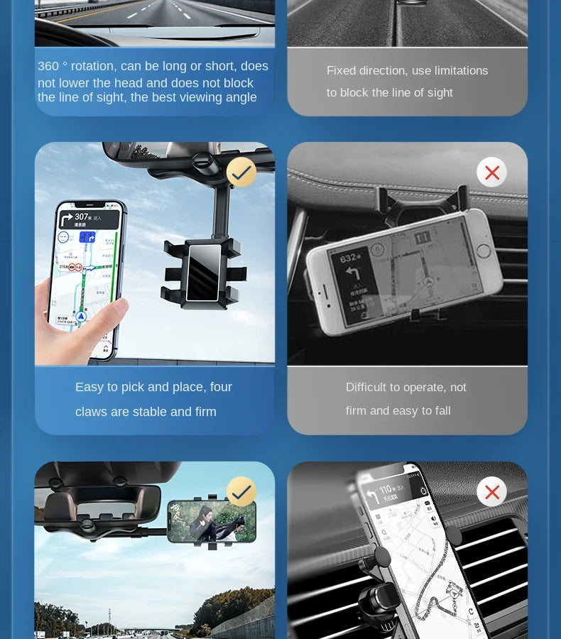 360° Car Rearview Mirror Phone Holder Mount Phone and GPS Holder Universal Rotating Adjustable Telescopic Phone Stand Support